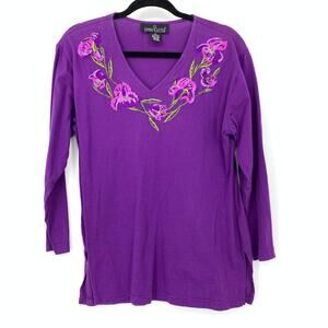 Vintage Carole Little Embroidered T-Shirt Womens Size P SP Purple V-Neck